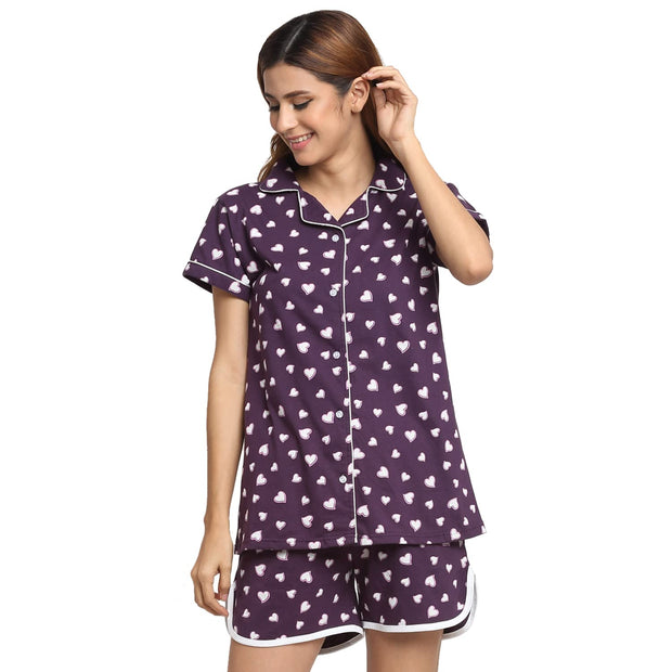 Wonderlady Cotton Nightsuit Set of Shorts & Shirt Plum Heart with Pockets Medium Size | Creeva