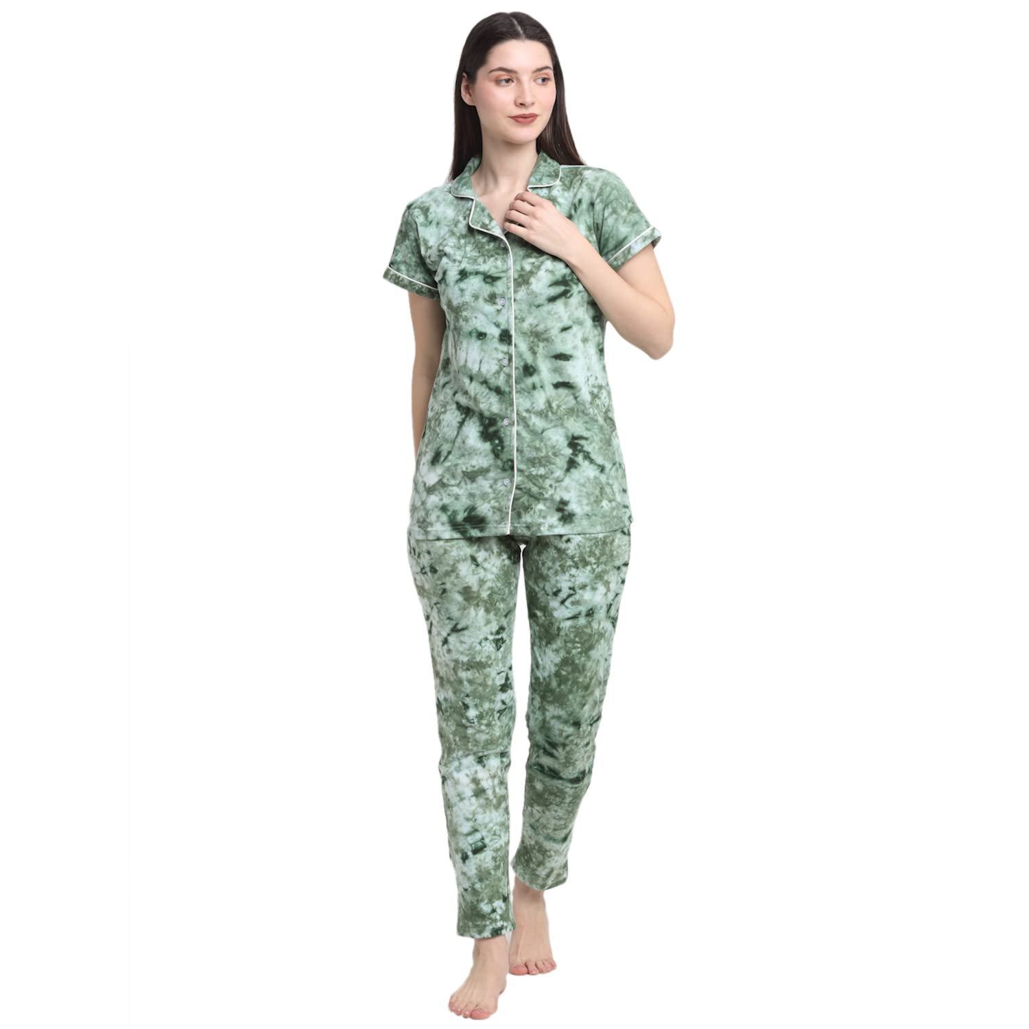 Wonderlady Cotton Nightsuit Set of Shirt & Pyjama Sea Green Tie-Die with Pockets | Creeva