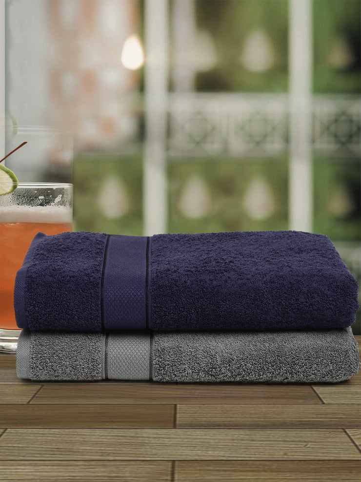 Creeva Grey & Navy 2 Pc Solid 525 GSM Bath Towel Set