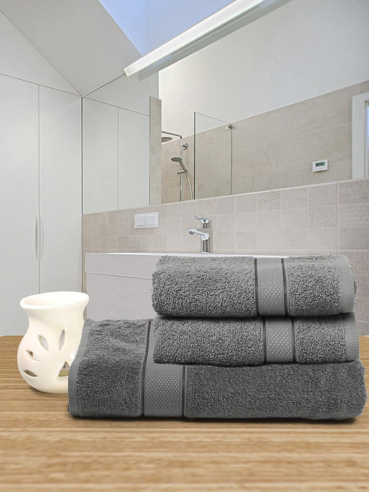Creeva 100% Cotton 3 Piece Hand & Bath Towel Set, 525 GSM (Grey)