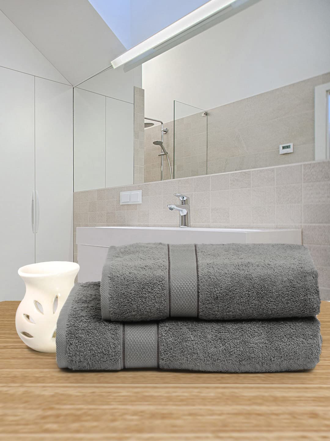 100% Cotton 2 Piece Hand & Bath Towel Set, 525 GSM (Grey)